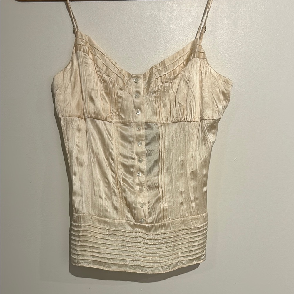 BCBG Crinkled Cami Cream Silk Top